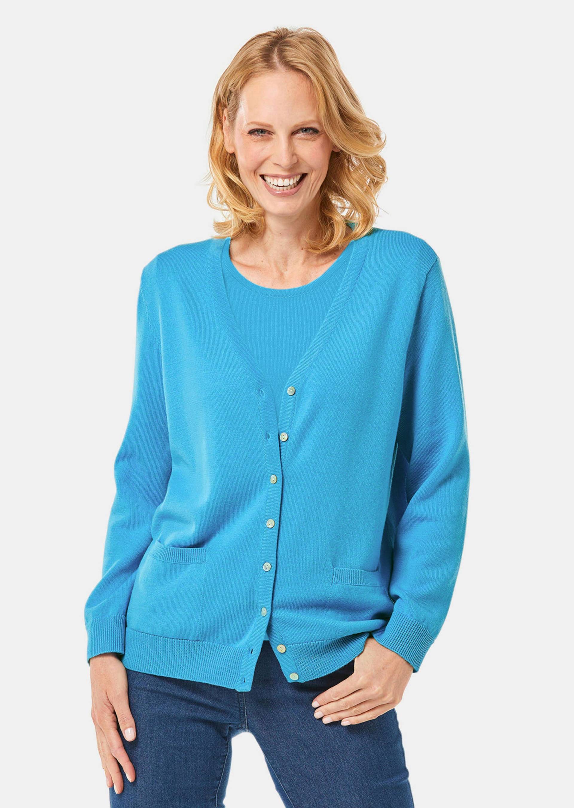 Strickjacke aus reiner Merinowolle - türkis - Gr. 44 von Goldner Fashion von Goldner Fashion