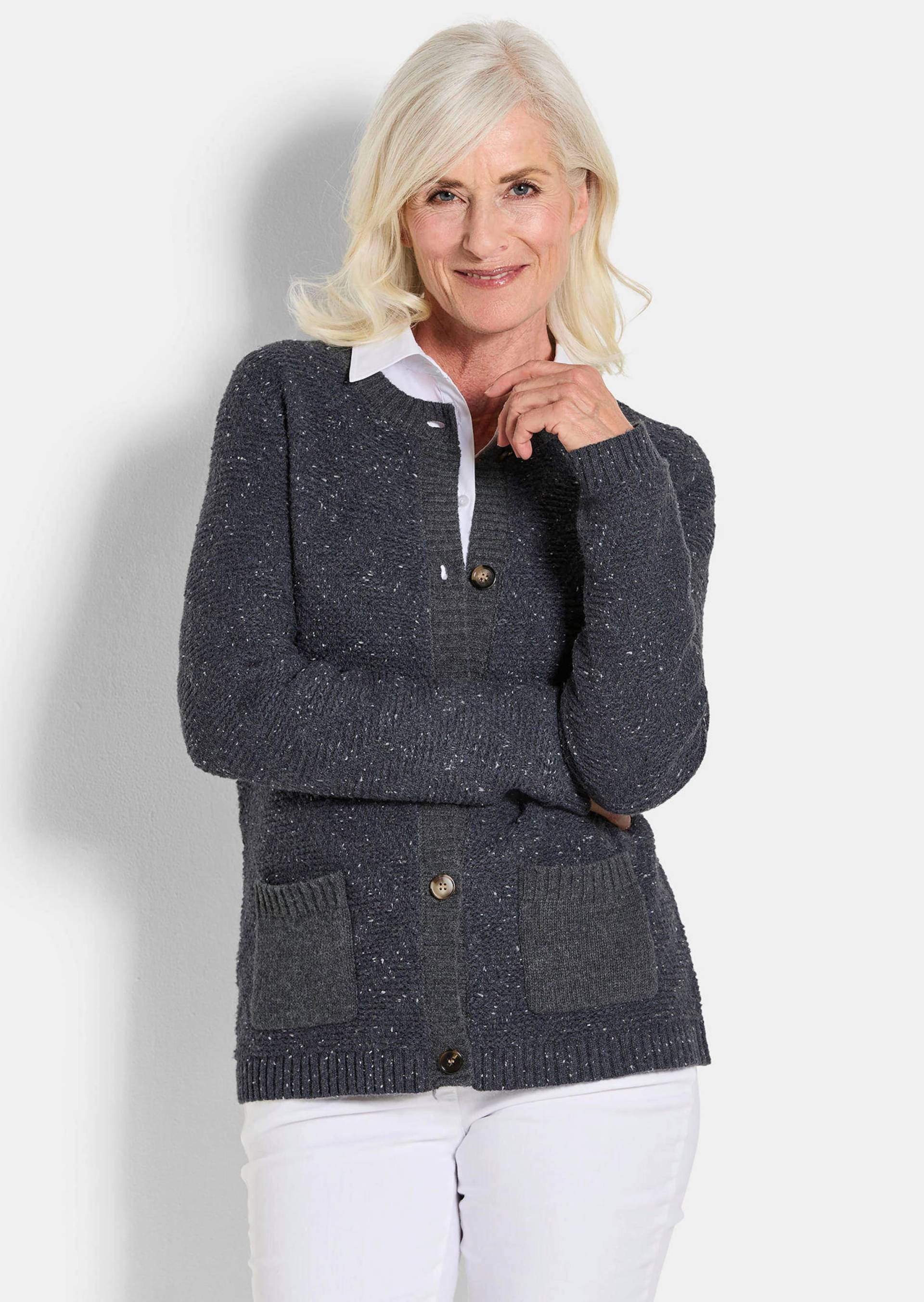 Strickjacke mit Schurwolle - marine / gemustert - Gr. 52 von Goldner Fashion von Goldner Fashion