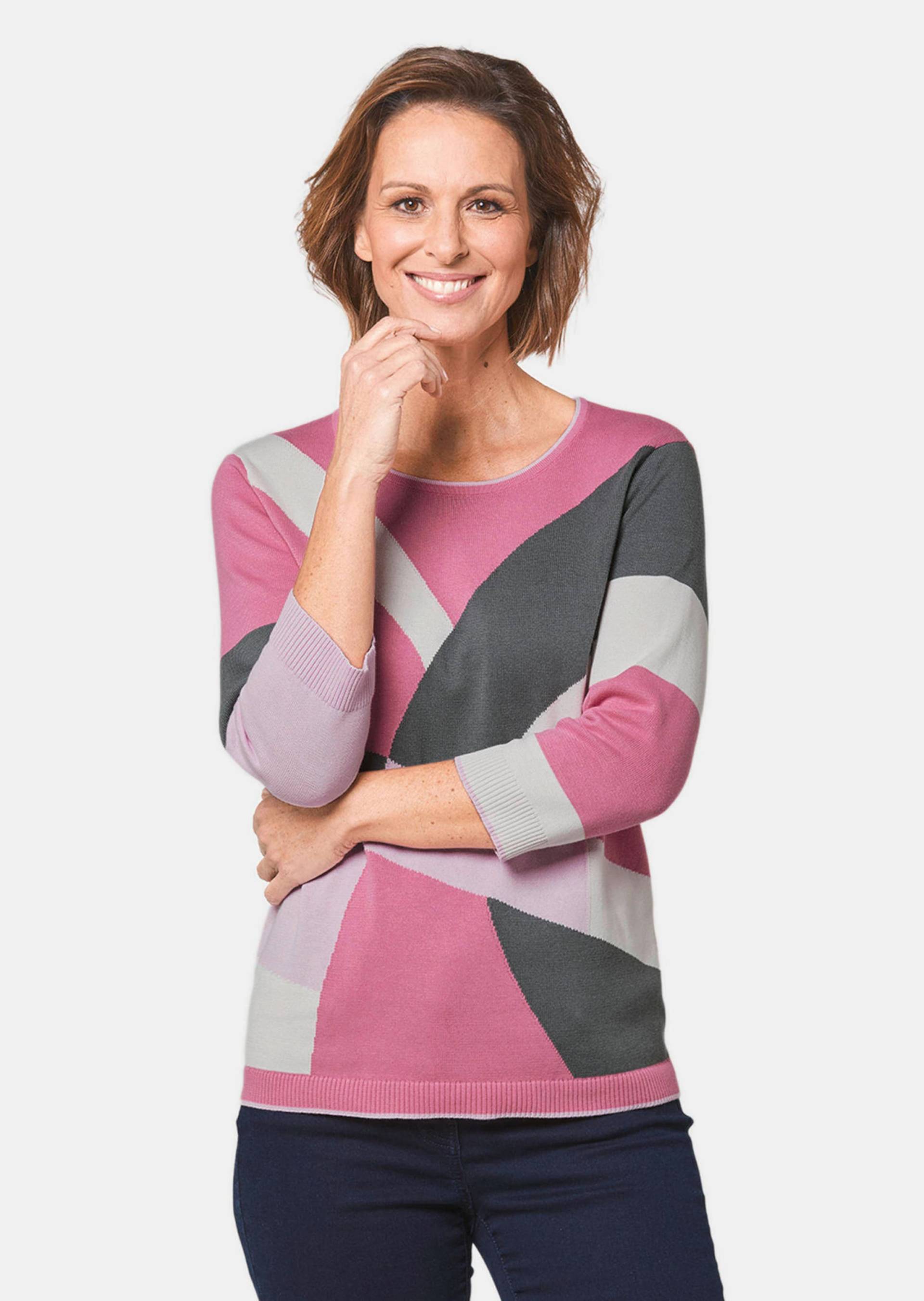 Strickpullover mit aktuellem Design - rosé / gemustert - Gr. 44 von Goldner Fashion von Goldner Fashion