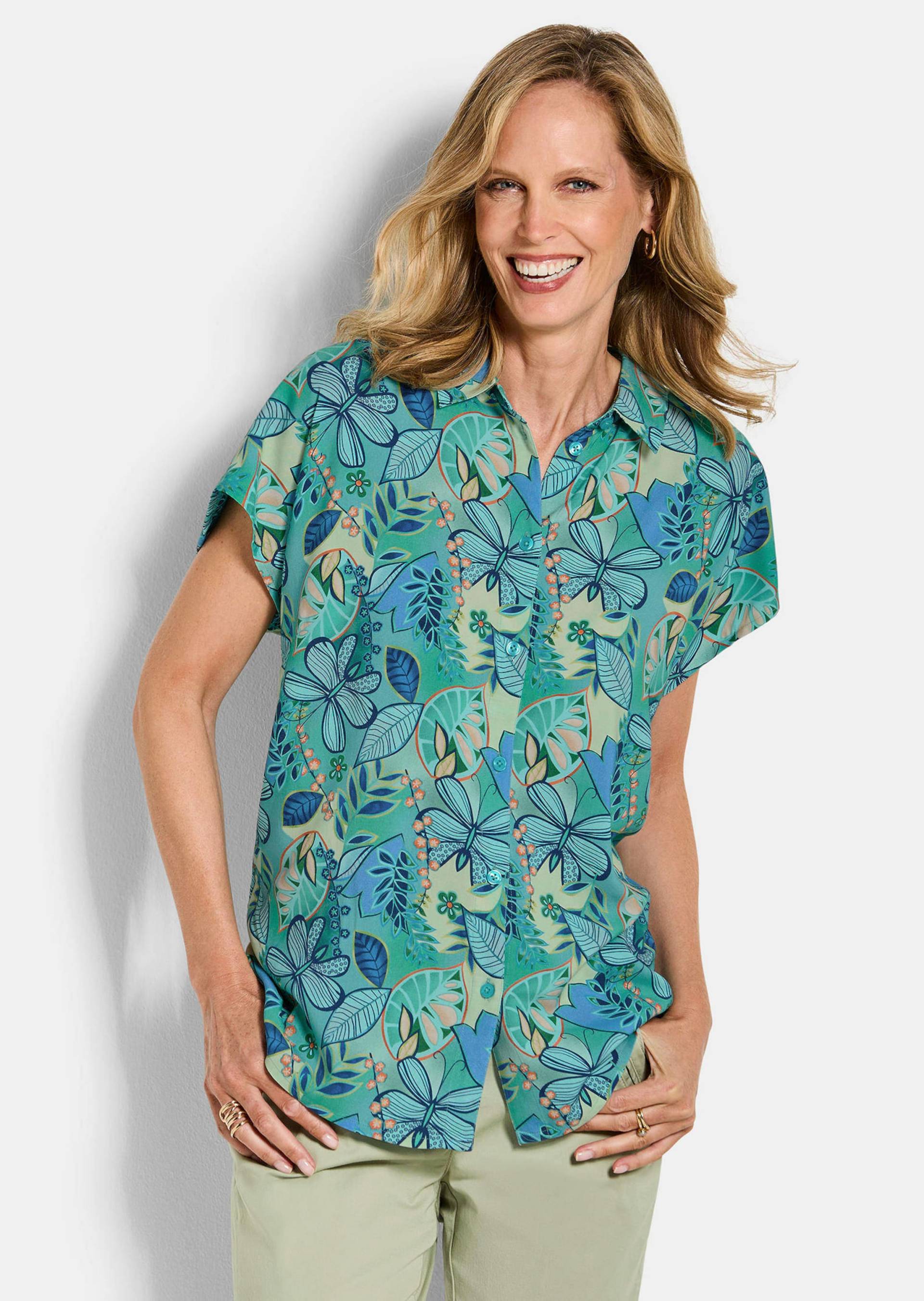 Viskose-Bluse mit Knopfleiste - salbei / gemustert - Gr. 19 von Goldner Fashion von Goldner Fashion