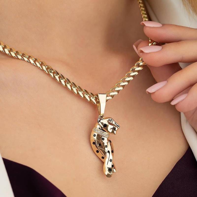 14K Solid Gelb Gold Panther Anhänger Halskette, Smaragd Grünes Auge von GoldofAmericaJewels