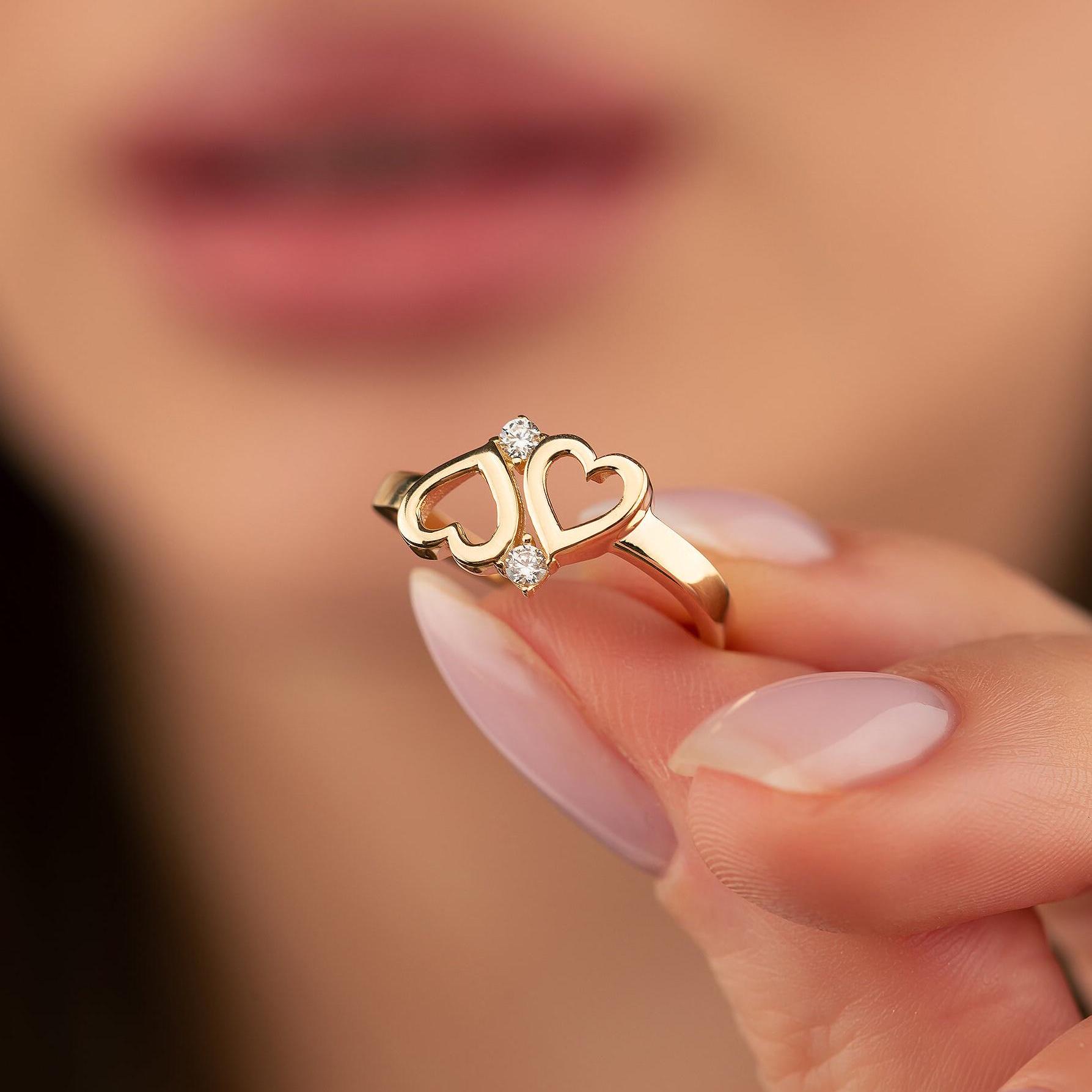 14K Solid Gold Doppel Herz Ring, Zirkonia Versprechen Ring von GoldofAmericaJewels