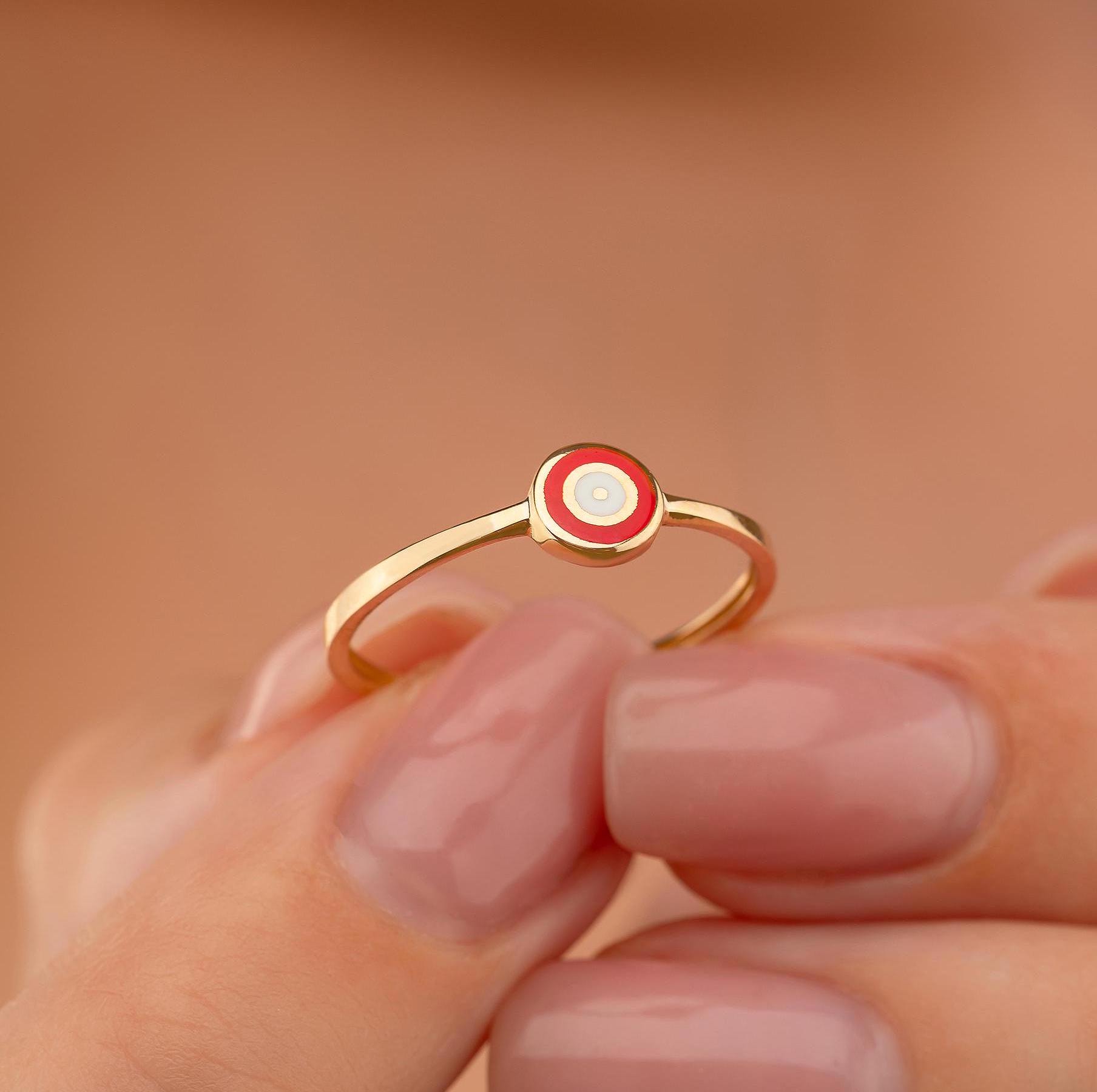 14K Solid Gold Evil Eye Siegelring, Roter Emaille Schutzring von GoldofAmericaJewels