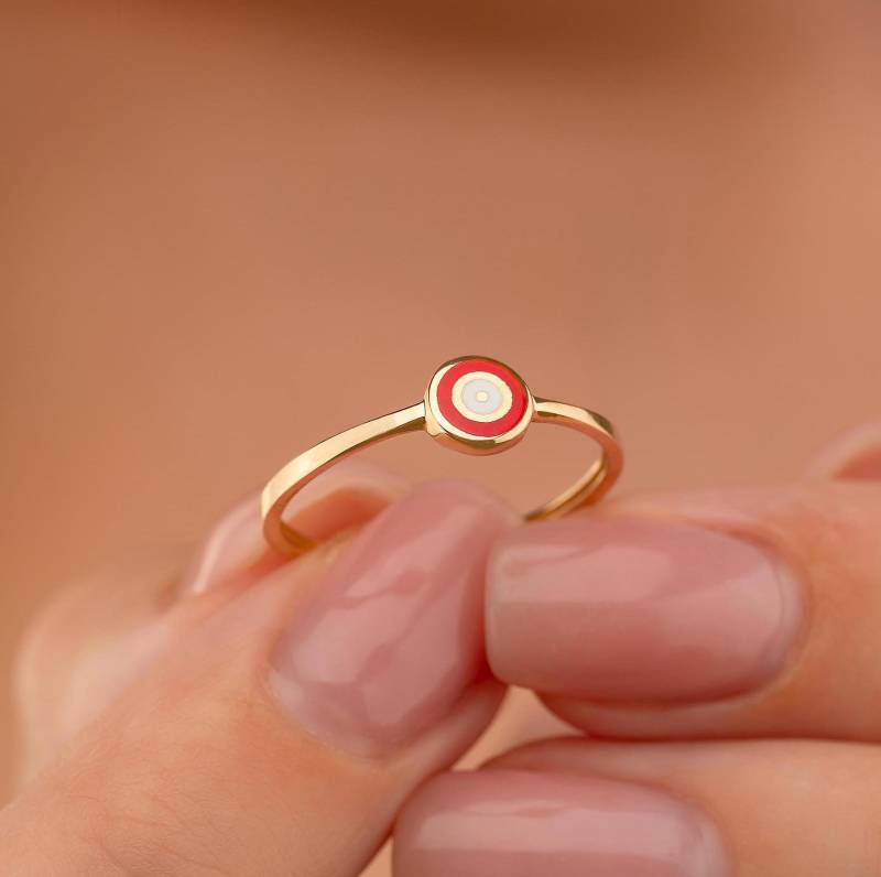 14K Solid Gold Evil Eye Siegelring, Roter Emaille Schutzring von GoldofAmericaJewels