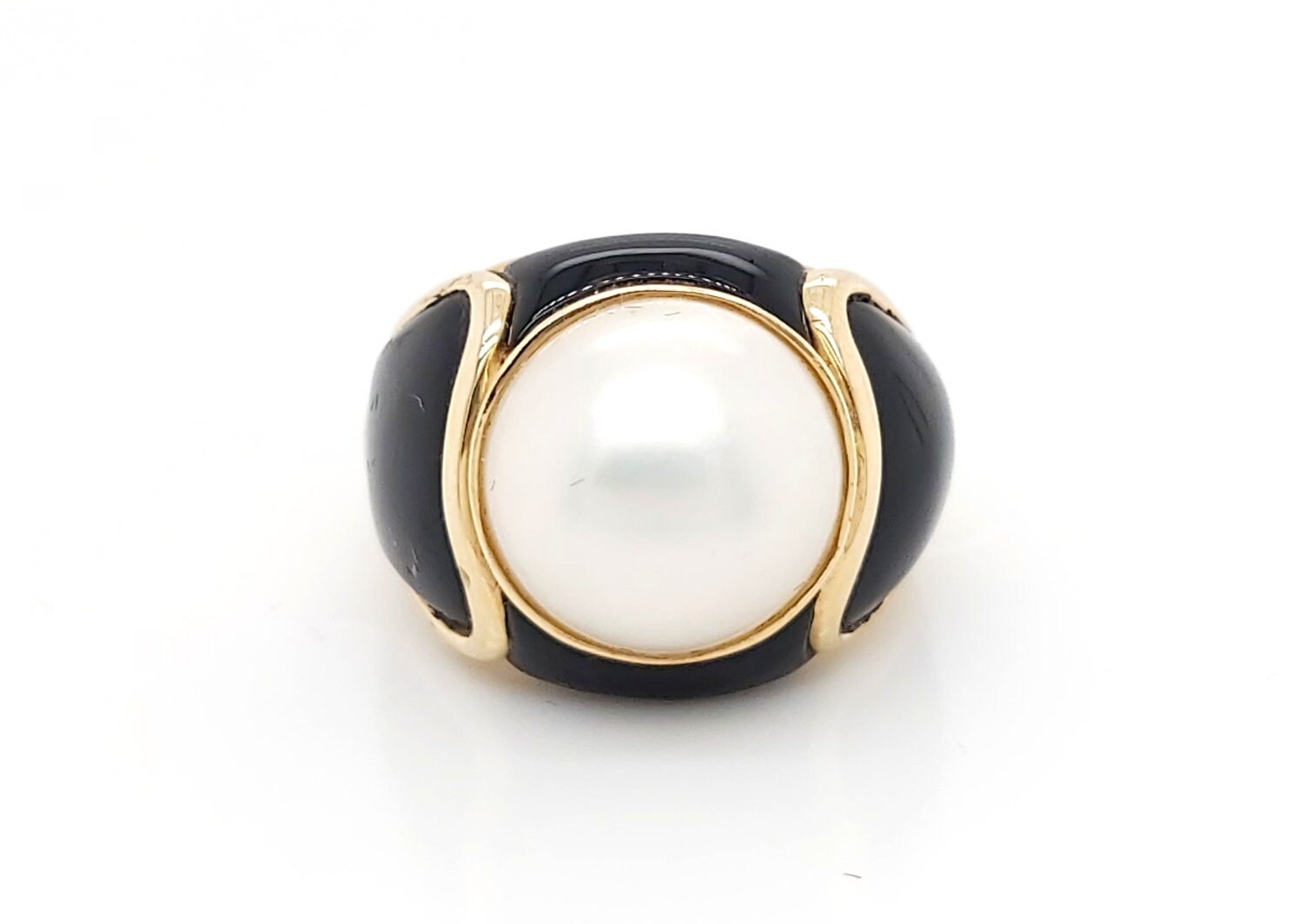 14K Gelbgold Damen Cocktail Ring Mit Perle & Schwarzem Onyx Stein von GoldofMilano