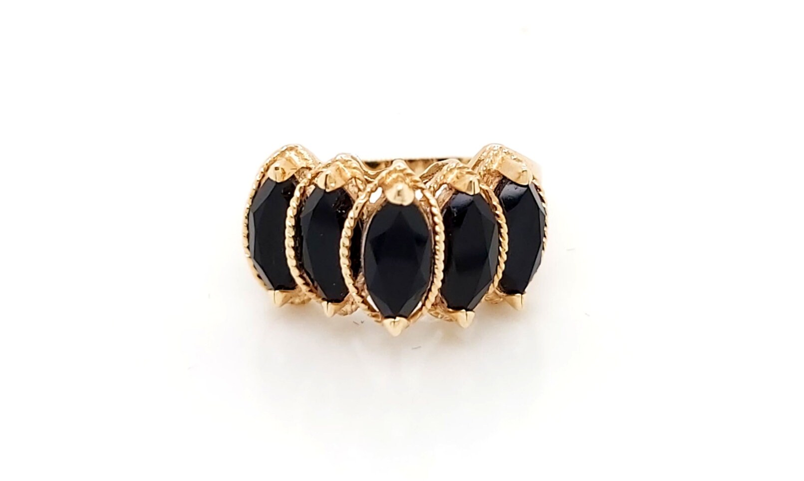 14K Gelbgold Fünf Schwarze Onyx Marquise Form Stein Stufenring von GoldofMilano