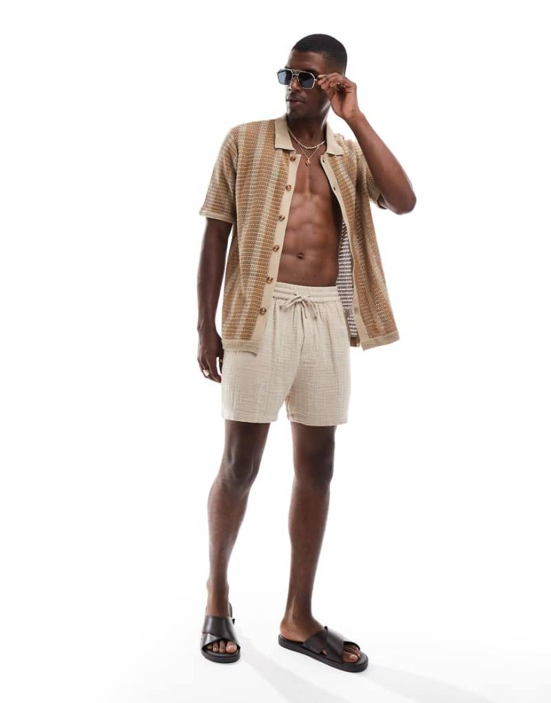 Goldsboro - Gehäkeltes Hemd in Beige mit Streifen und Reverskragen-Neutral von Goldsboro