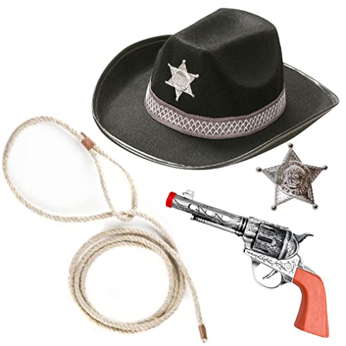 Goldschmidt Kostüme Cowboy Sheriff Accessoires Set 4-tlg mit Cowboyhut | Lasso Hut Revolver & Sheriffstern Accessoireset Fasching Karneval Kinder Erwachsene (4-tlg schwarz), Einheitsgröße, GCS01 von Goldschmidt Kostüme