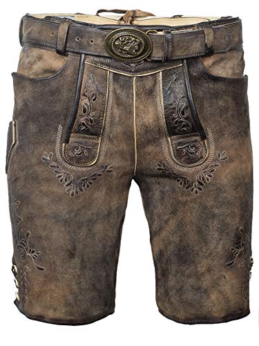 Goldschmidt Trachten Lederhose kurz | Hopfensee Bernstein Antik | Hose mit Gürtel | mit Hosentaschen | Hochwertiges Ziegenvelour-Leder (48) von Goldschmidt Trachten