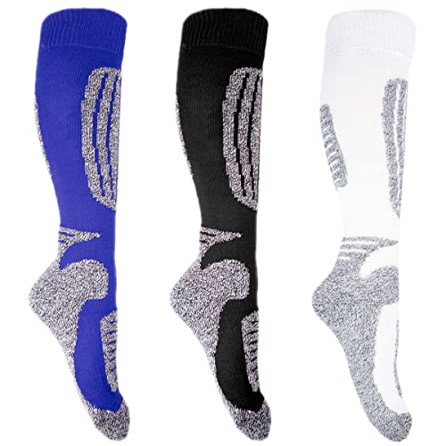 Goldschmidt Trachten Ski Socken mit Polsterung | Skistrümpfe Set 3 Paar Skisocken | Thermo Kniestrümpfe Funktionssocken mit Wolle | atmungsaktiv, warm & schweißaufsaugend (35-38, schwarz blau weiß) von Goldschmidt Trachten