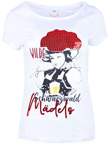 T-Shirt Schwarzwald Mädels Damen weiß | Bollenhut Shirt | Print Pailletten M von Goldschmidt Trachten