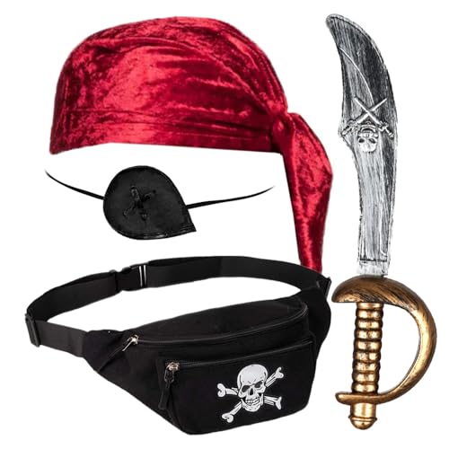 Goldschmidt Kostüme Piraten Kostüm Set | Totenkopf Bauchtasche Kopftuch Augenklappe und Schwert | Accessoires Fasching Karneval von Goldschmidt