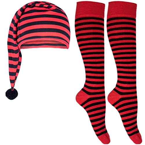 Ringelstrümpfe & Zipfelmütze | Set für Erwachsene & Kinder | Kniestrümpfe Schlafmütze Ringel Streifen | Fasching Karneval | rot-schwarz 35-38 von Goldschmidt