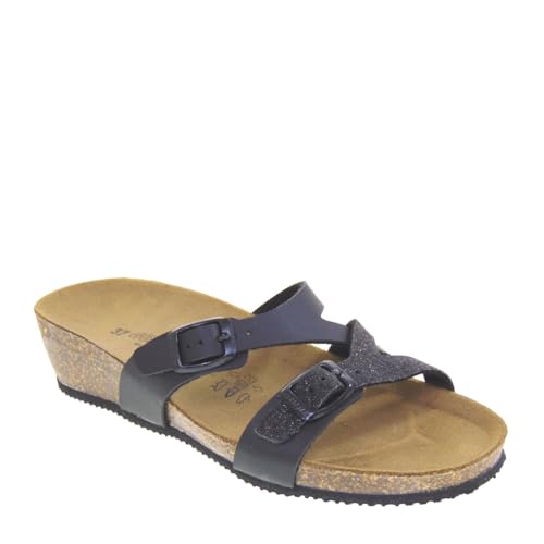 RAFTING GOLDSTAR GOLD STAR 1235 Sandalen Bio Damen Kunstleder Schwarz Keilabsatz 4 cm Gummisohle, Schwarz , 40 EU von Goldstar