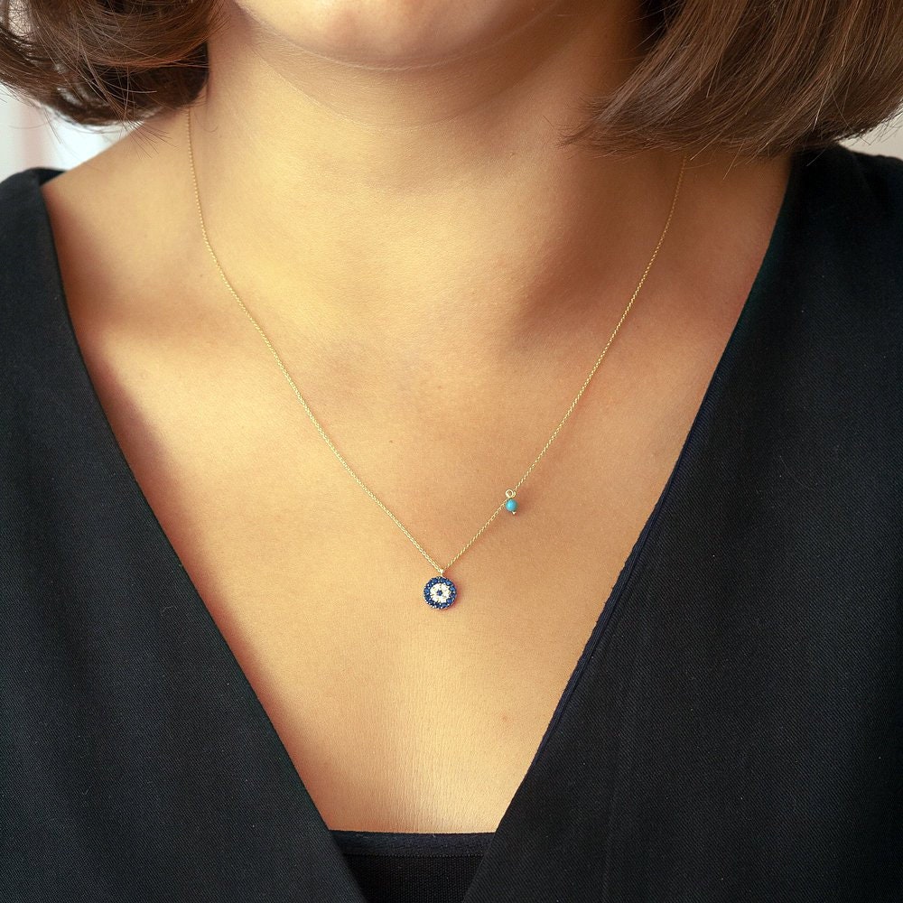 14K 18K Massivgold Evil Eye Mit Türkis-Charme-Rundhalskette, Zierlicher Anhänger Des Blauen Auges Ist Ein Großes Valentinstagsgeschenk von GoldstoreJewelry