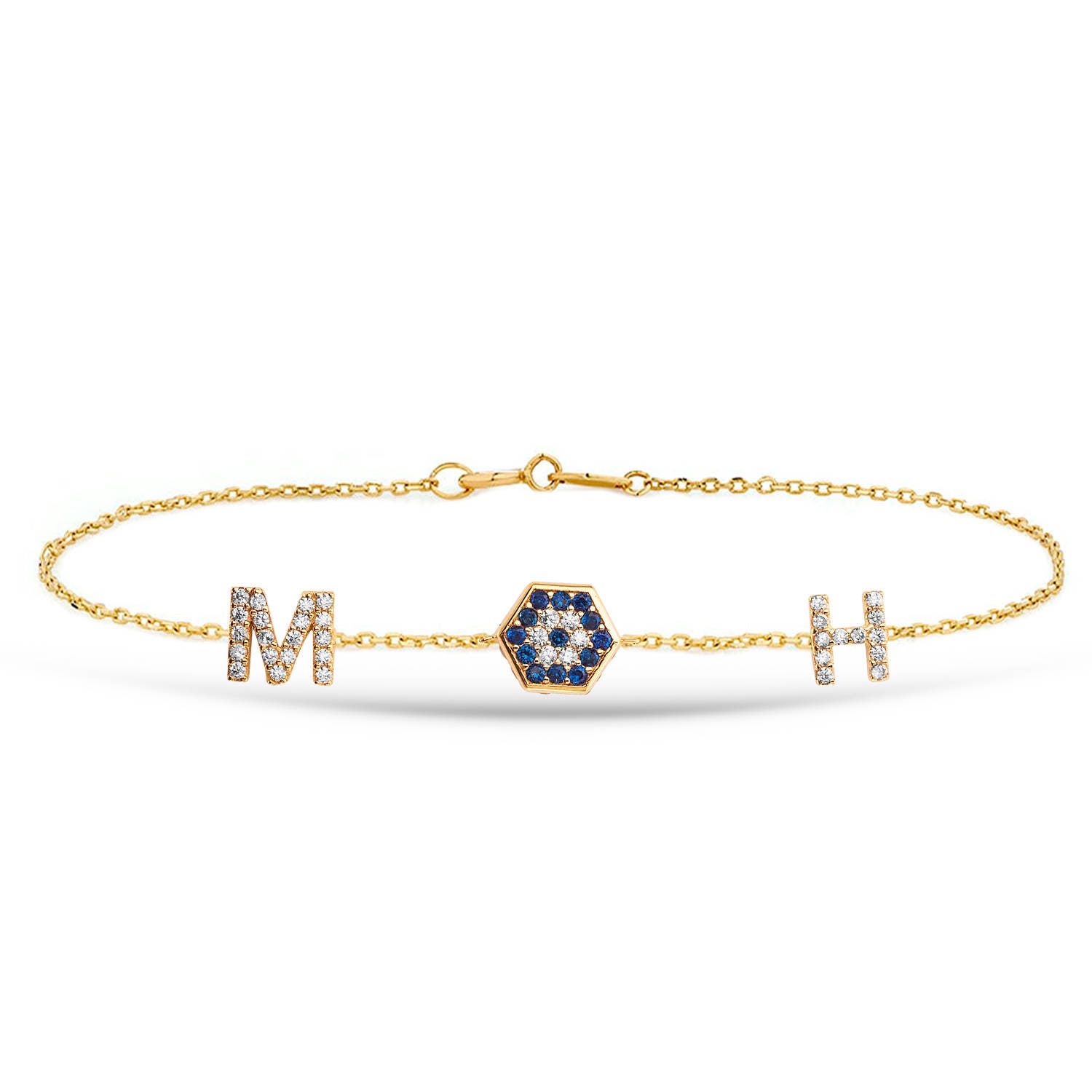 14K Gold Evil Eye Und Personalisierte 2 Initialen Armband, Zierliches Blue Custom Letters Goldkettenarmband Ist Ein Großes Geschenk Für Sie von GoldstoreJewelry