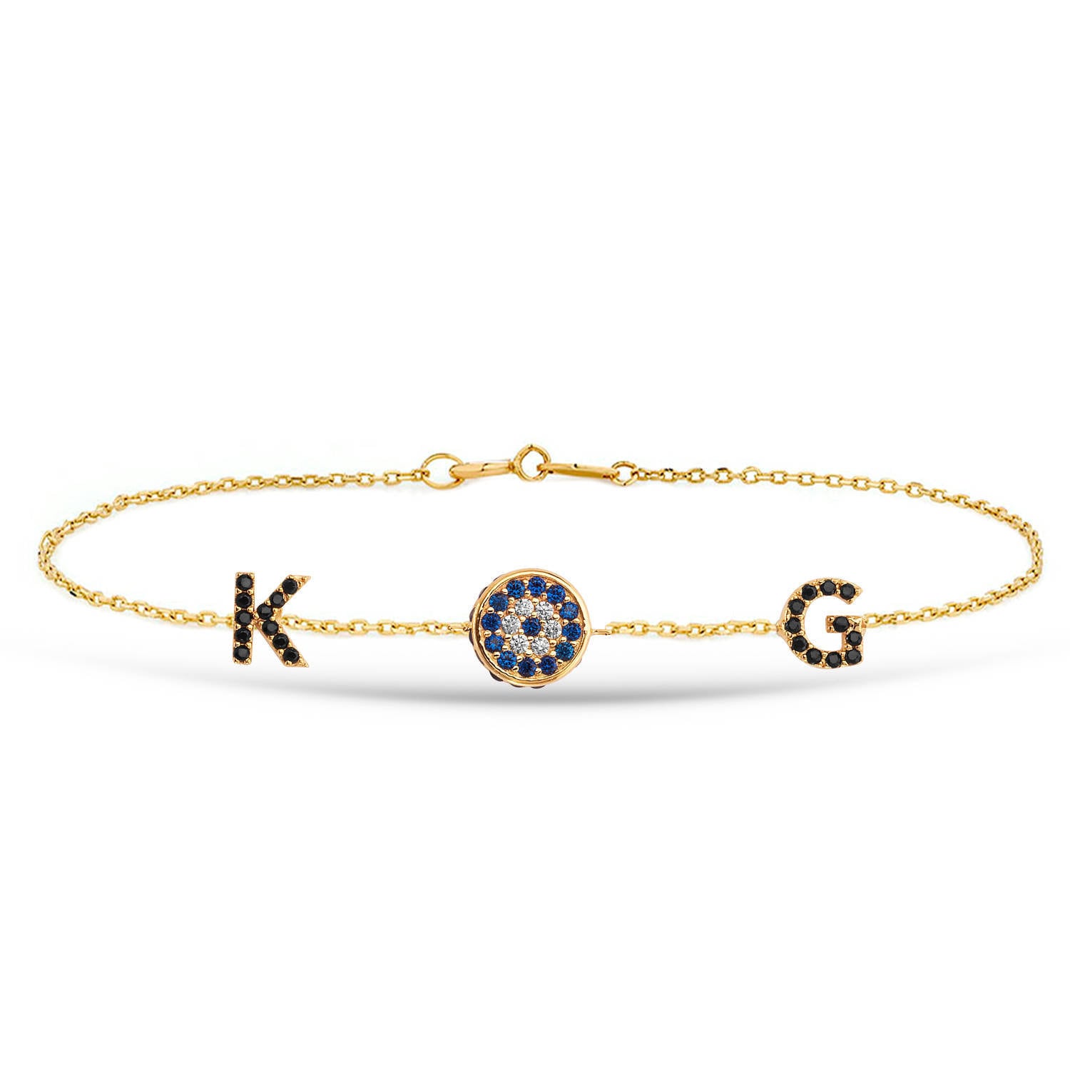 14K Gold Eye Personalisiertes 1 Oder 2 Buchstaben Armband, Blaues Auge Benutzerdefinierte Goldkettenarmband, Zierliche Initiale & Evil Goldarmband von GoldstoreJewelry