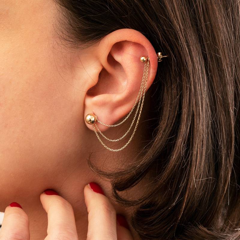 14K Solid Gold Dreibettzimmer Doppelkette Ohrring Jacket, Double Triple Kette Cabrio Baumeln Jacke, Kabelkette Oder Perlenkugel von GoldstoreJewelry