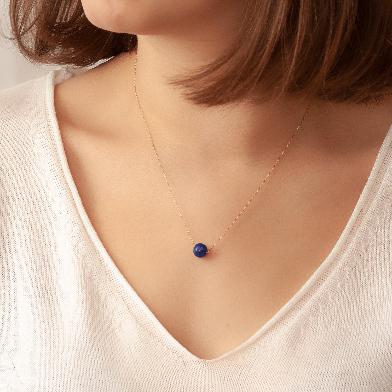 14K Solid Gold Lapis Ball Halskette, Single Bead Lazuli Drop Zierliche Halskette von GoldstoreJewelry