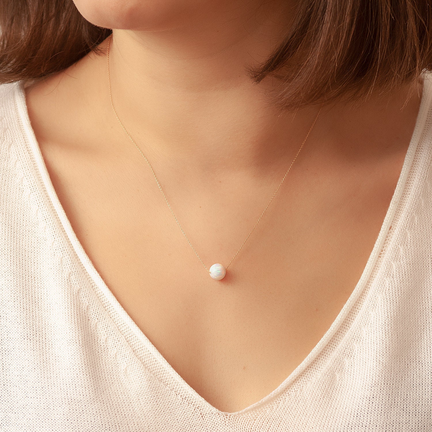 14K Solid Gold Opal Ball Halskette, Perlenkette Floating Echtgold Kette, Weißgold Zierliche Blau Halskette von GoldstoreJewelry