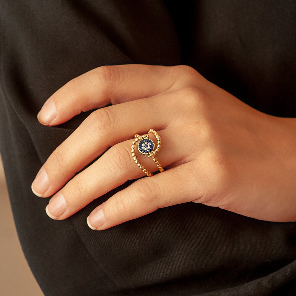 Evil Eye Runder Ring Aus 14K Massivgold, Eleganter Augenring Mit Goldkugeln Ist Ein Großes Geschenk Für Sie. Weihnachtsgeschenk von GoldstoreJewelry