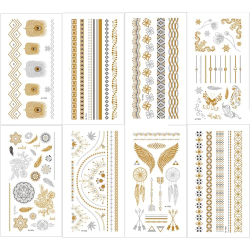 Goldyida 8 Blatt Gold Flash Tattoos Metallic Festival Temporäre Tattoo Gold Temporäre Tattoos Aufkleben Temporäre Metallic Klebe-Tattoos Gesichtstattoo Karneval Glitzer Accessoires 210 * 100mm von Goldyida