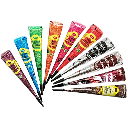 JPR - 10x Natural Mehndi Cones (Multifarbe), NO MIX, Halal Veg, klinisch getestet & zertifiziert - Für Temporäre Bodyart Tattoo Design (Große Kegel) 250g + SRK Postkarte von Golecha