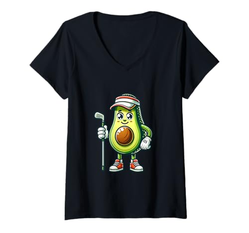 Damen Golf Avocado Mit Lächeln Und Schläger T-Shirt mit V-Ausschnitt Damen Golf Avocado Mit Lächeln Und Schläger T-Shirt mit V-Ausschnitt von Golf Avocado Sport Lustig Design
