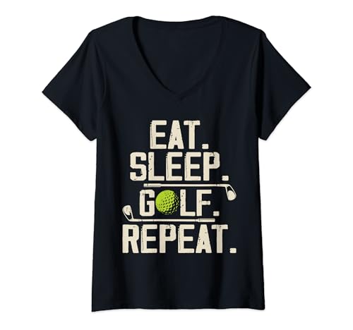 Damen Eat Sleep Golf Repeat T-Shirt mit V-Ausschnitt Damen Eat Sleep Golf Repeat T-Shirt mit V-Ausschnitt von Golf Bekleidung für Golfer & Golfspieler DIMMERCH