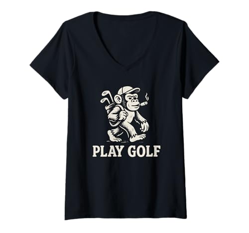 Damen Play Golf – AFFE raucht eine Zigarre – lustig – Schwarz und Weiß T-Shirt mit V-Ausschnitt Damen Play Golf – AFFE raucht eine Zigarre – lustig – Schwarz und Weiß T-Shirt mit V-Ausschnitt von Golfing Vibes