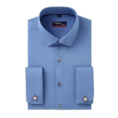 Gollnwe Hemd Herren Regular Fit Stretch Langarm Männer Hemden Französische Manschettenhemden Bügelleichtes Businesshemden Anzug Hemd Denim Blue 3XL von Gollnwe