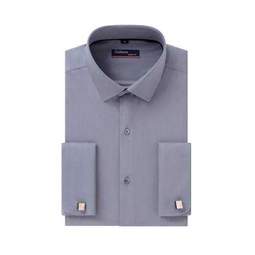 Gollnwe Hemd Herren Regular Fit Stretch Langarm Männer Hemden Französische Manschettenhemden Bügelleichtes Businesshemden Anzug Hemd Grau XS von Gollnwe