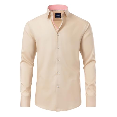Gollnwe Hemd Herren Langarm Regular Fit Casual Herrenhemdn Kontrast Kragen und umwandelbare Manschetten Kleid Hemd Beige XS von Gollnwe