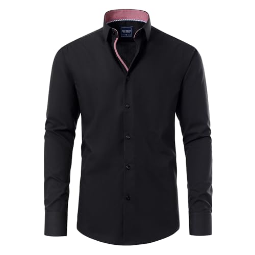 Gollnwe Hemd Herren Langarm Regular Fit Casual Herrenhemdn Kontrast Kragen und umwandelbare Manschetten Kleid Hemd Schwarz XXL von Gollnwe