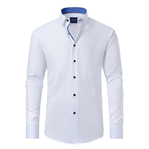 Gollnwe Herren Langarm Regular Fit Casual Hemden Kontrast Kragen und umwandelbare Manschetten Kleid Hemd Weiß 3XL von Gollnwe