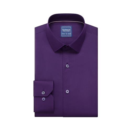 Gollnwe Hemd Herren Regular Fit Stretch Langarm Männer Hemden Businesshemden Anzug Bügelfreies Hemd mit umwandelbarer Manschette Dunkelviolett M von Gollnwe