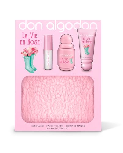 Set La Vie en Rose Don Algodón für Damen, Mini, enthält den Duft La Vie en Rose, 30 ml, Highlighter, parfümierte Handcreme und eine bezaubernde Lammfelltasche. von Golominas company