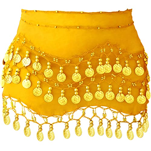 Gomerbesen Bauchtanz Taillengürtel Chiffon Dreifacher Goldgürtel Indischer Tanzen Pailletten Taille Schals Wickelgürtel, gelb, Einheitsgröße von Gomerbesen