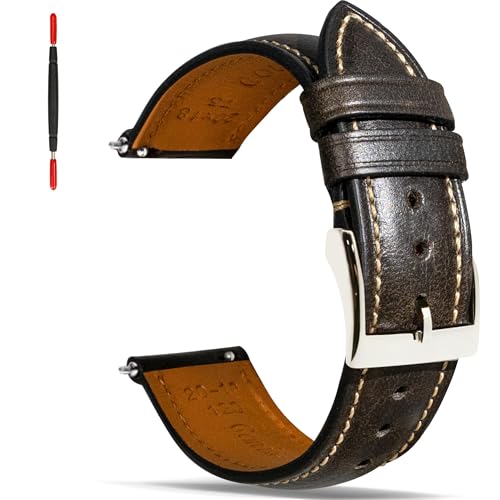Gomvadr Quick Release Lederarmband, Vintage Öl gegerbt Pull-up Lederband Ersatz Uhrenarmbänder Männer Frauen 16mm 18mm 19mm 20mm 21mm 22mm 24mm (Ash Black/Silver Buckle, 22mm-XXL) von Gomvadr