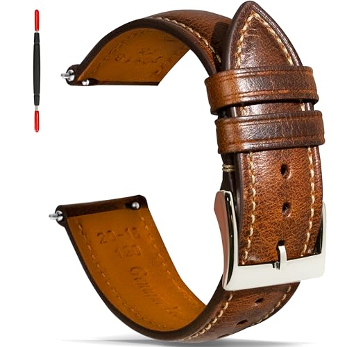 Gomvadr Quick Release Lederarmband, Vintage Öl gegerbt Pull-up Lederband Ersatz Uhrenarmbänder Männer Frauen 16mm 18mm 19mm 20mm 21mm 22mm 24mm (Tan/Silver Buckle, 20mm-XL) von Gomvadr