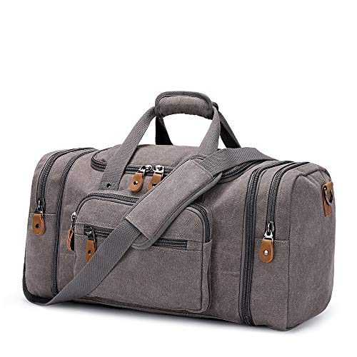 Erweiterbar Canvas Reisetasche Herren 60L / 50L, Weekender Damen Groß, Sporttasche für männer, Duffle Reisen Übernachtung Taschen, Grau von Gonex