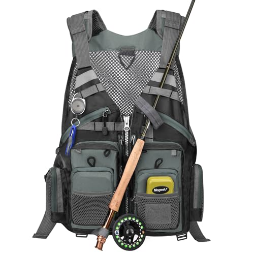 Gonex Angel Weste Herren verstellbare Arbeitsweste mit Mehreren Taschen für Angeln Fliegenfischen Outdoor Airsoft Jagd Angelausrüstung, Grau Schwarz von Gonex
