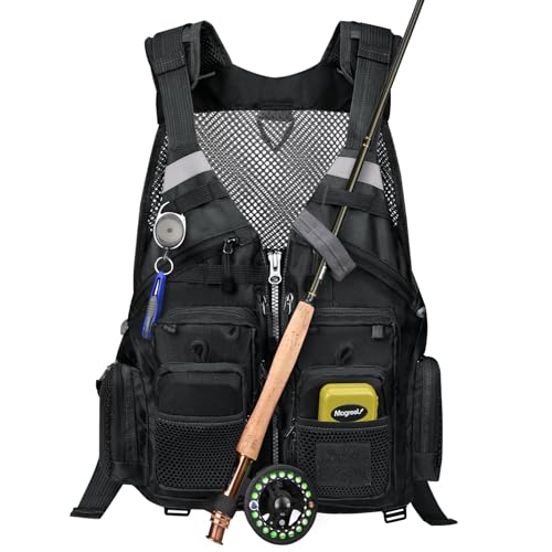 Gonex Angel Weste Herren verstellbare Arbeitsweste mit Mehreren Taschen für Angeln Fliegenfischen Outdoor Airsoft Jagd Angelausrüstung, Schwarz von Gonex