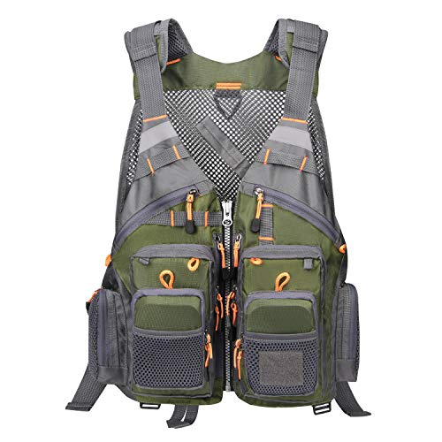 Gonex Angel Weste Herren verstellbare Arbeitsweste mit Mehreren Taschen für Angeln Fliegenfischen Outdoor Airsoft Jagd Angelausrüstung - Armee Grün Grau von Gonex