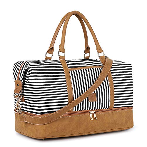 Wasserabweisendes Canvas Reisetasche mit Schuhfach, 40L Weekender Große Tasche, Damen & Herren Reisetasche über Nacht mit verstellbarem Riemen, Carry-On Tasche, Schwarz Gestreift von Gonex