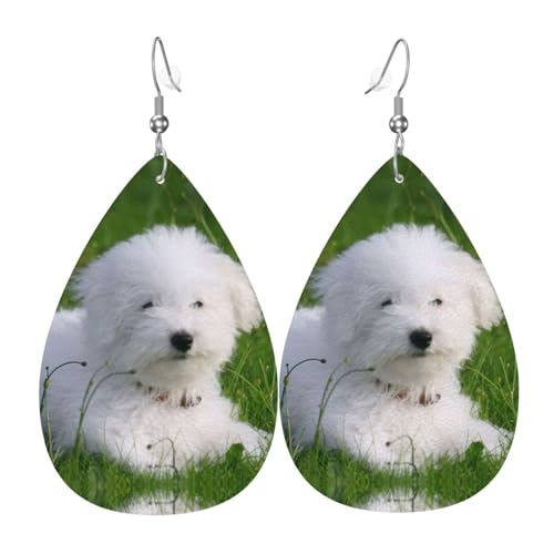 Bichon On The Grass Damen-Ohrhänger aus Leder in Tropfenform sind geeignet für Partys, Feiertagsfeiern und Geschenke., Einheitsgröße von Gongjuy