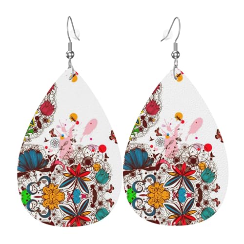 Bunte Blumen- und Schmetterlings-Damen-Ohrhänger aus Leder sind geeignet für Partys, Feiertagsfeiern und als Geschenk., Einheitsgröße von Gongjuy