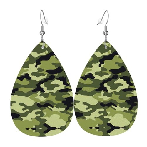 Camo Green Damen-Ohrhänger in Tropfenform aus Leder sind geeignet für Partys, Feiertagsfeiern und Geschenke., Einheitsgröße von Gongjuy