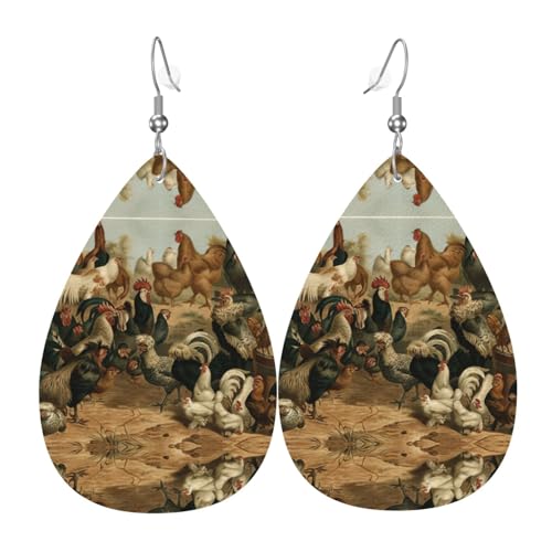 Damen-Ohrhänger aus Leder mit Huhn- und Hahn-Print eignen sich für Partys, Feiertagsfeiern und als Geschenk., Einheitsgröße von Gongjuy