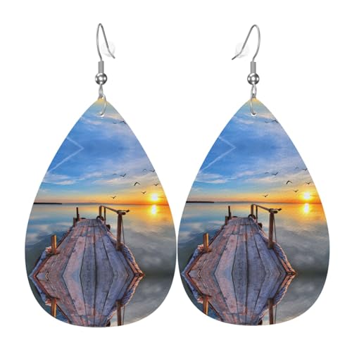 Die tropfenförmigen Leder-Ohrringe für Damen von Sunset Scenery sind geeignet für Partys, Feiertagsfeiern und Geschenke., Einheitsgröße von Gongjuy